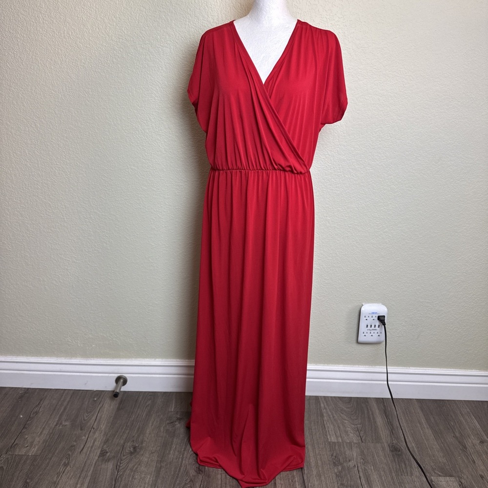 Flirty Pink Dress 1X Red Maxi Faux Wrap V-Neck Short Sleeve Spandex Stretchy